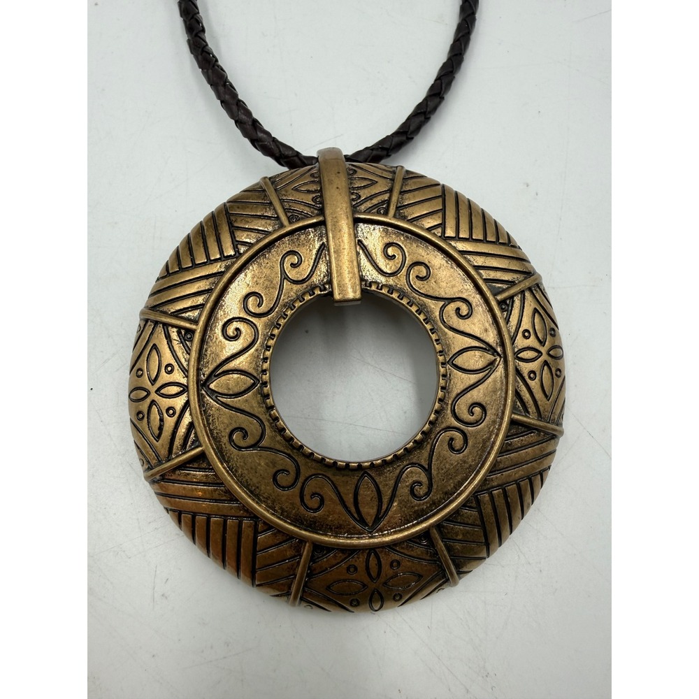 Chicos Bronze Tone Tribal Etched Round Pendant Braided Cord Necklace Statement - Picture 3 of 4